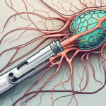 A syringe next to a stylized depiction of the nervous system