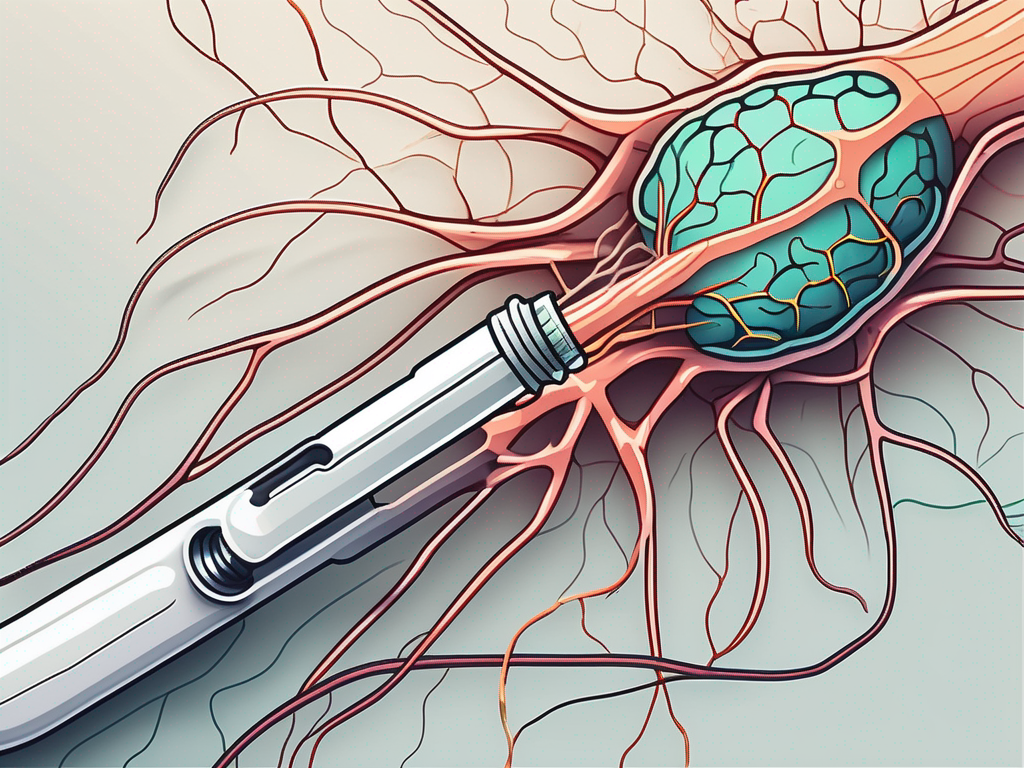 A syringe next to a stylized depiction of the nervous system