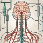 A needle injecting anesthetic near a stylized representation of the sympathetic nervous system