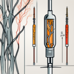 A medical syringe next to a stylized depiction of nerves