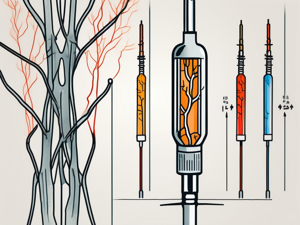 A medical syringe next to a stylized depiction of nerves