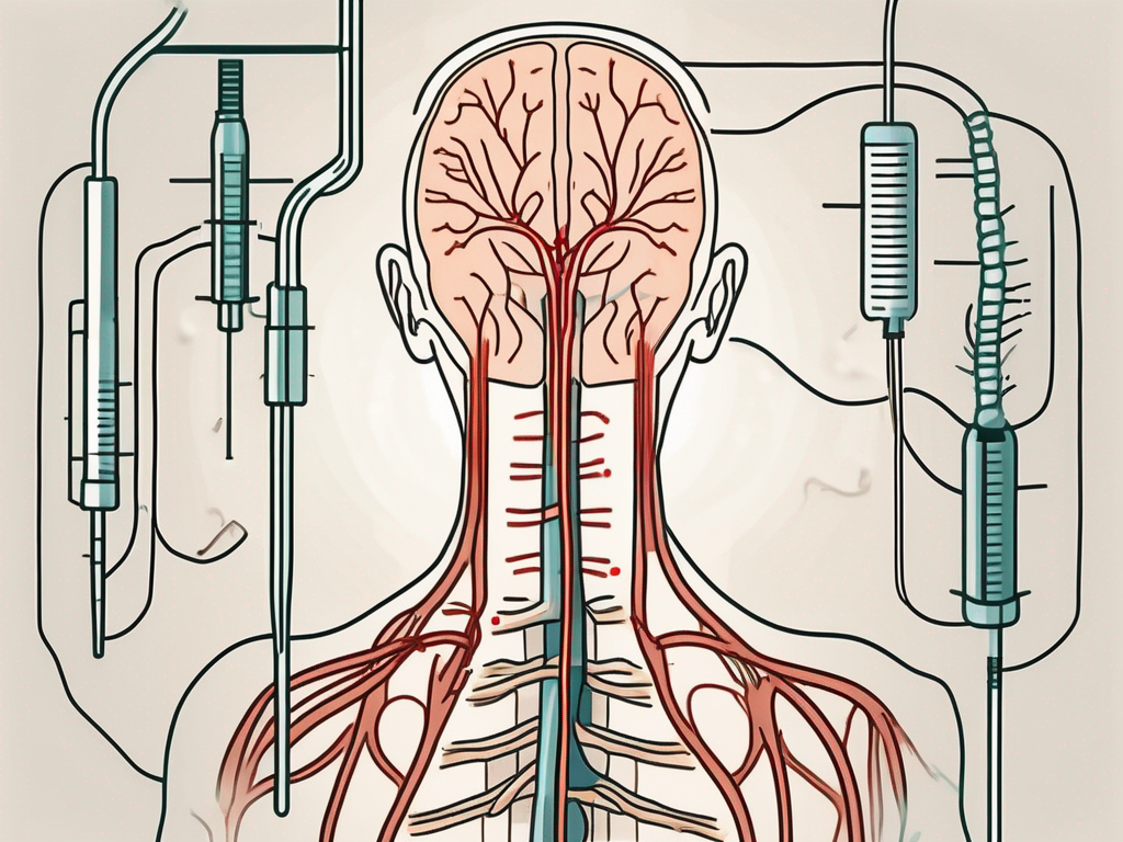 A needle injecting anesthetic near a stylized representation of the sympathetic nervous system