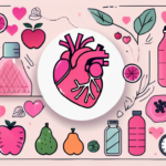 A healthy heart surrounded by symbols of healthy habits such as a water bottle