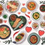 A heart symbol surrounded by various international cuisine dishes